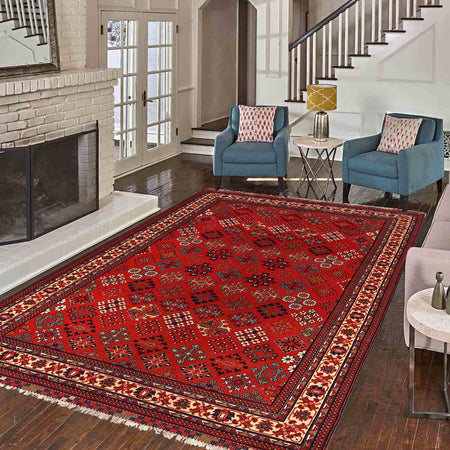Red Color Khoja Roshnai Carpet 6' 7" x 10' 2" (ft) - No. 7364