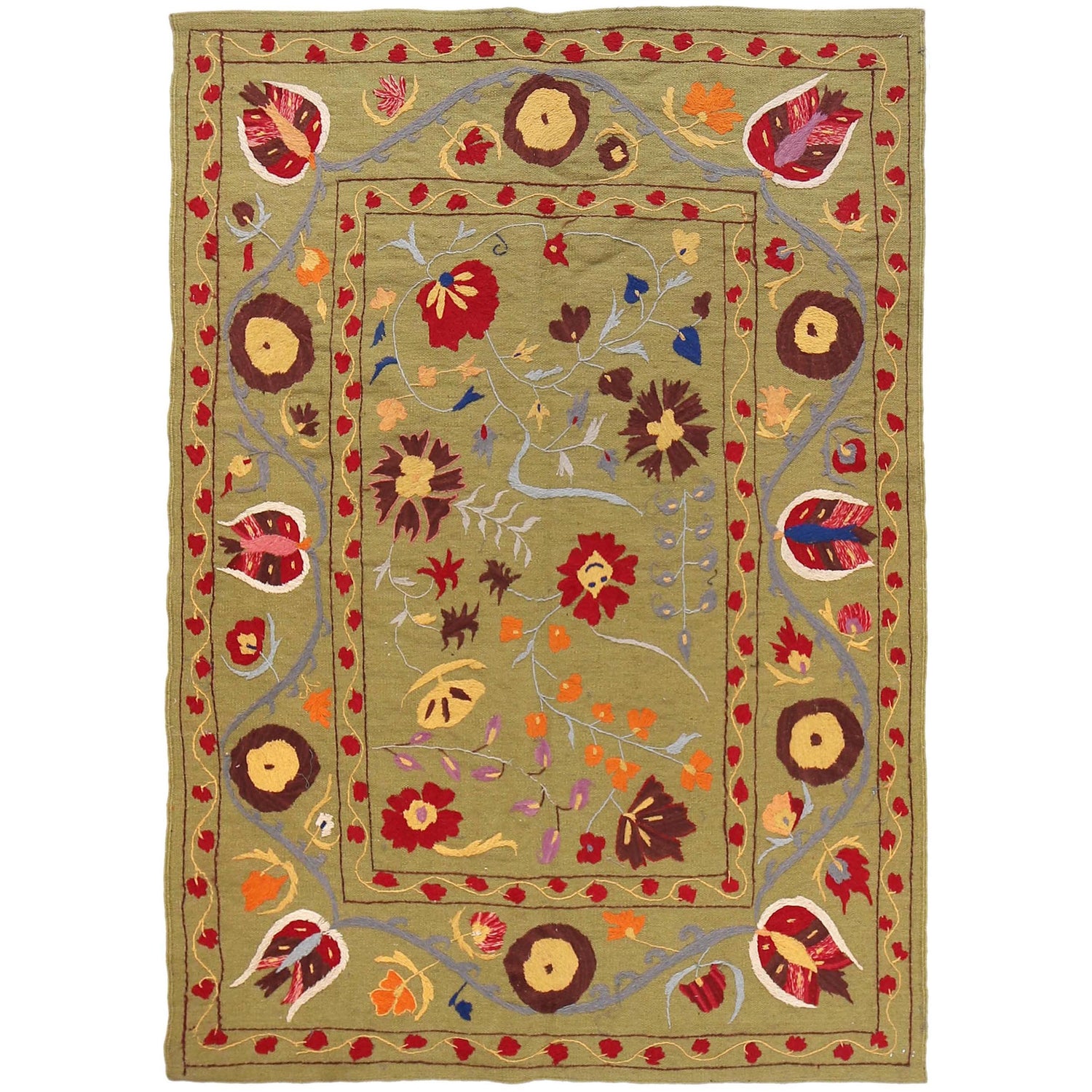 Green Color Embroidery Flatweave Kilim 4' 11" x 6' 8" (ft) - No. B32081