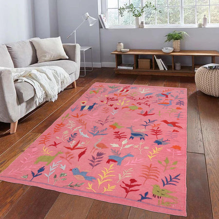 Pink Color Embroidery Flatweave Kilim 3' 9" x 5' 10" (ft) - No. B32085