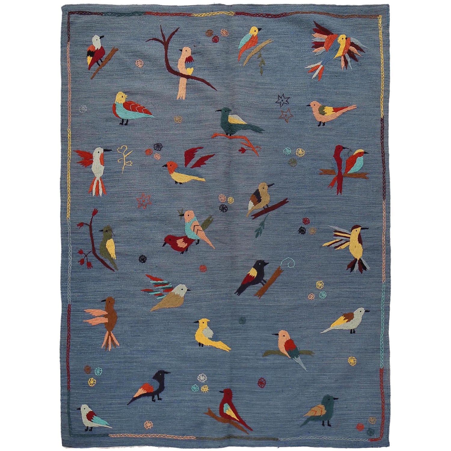 Blue Color Embroidery Flatweave Kilim 4' 11" x 6' 10" (ft) - No. B34459