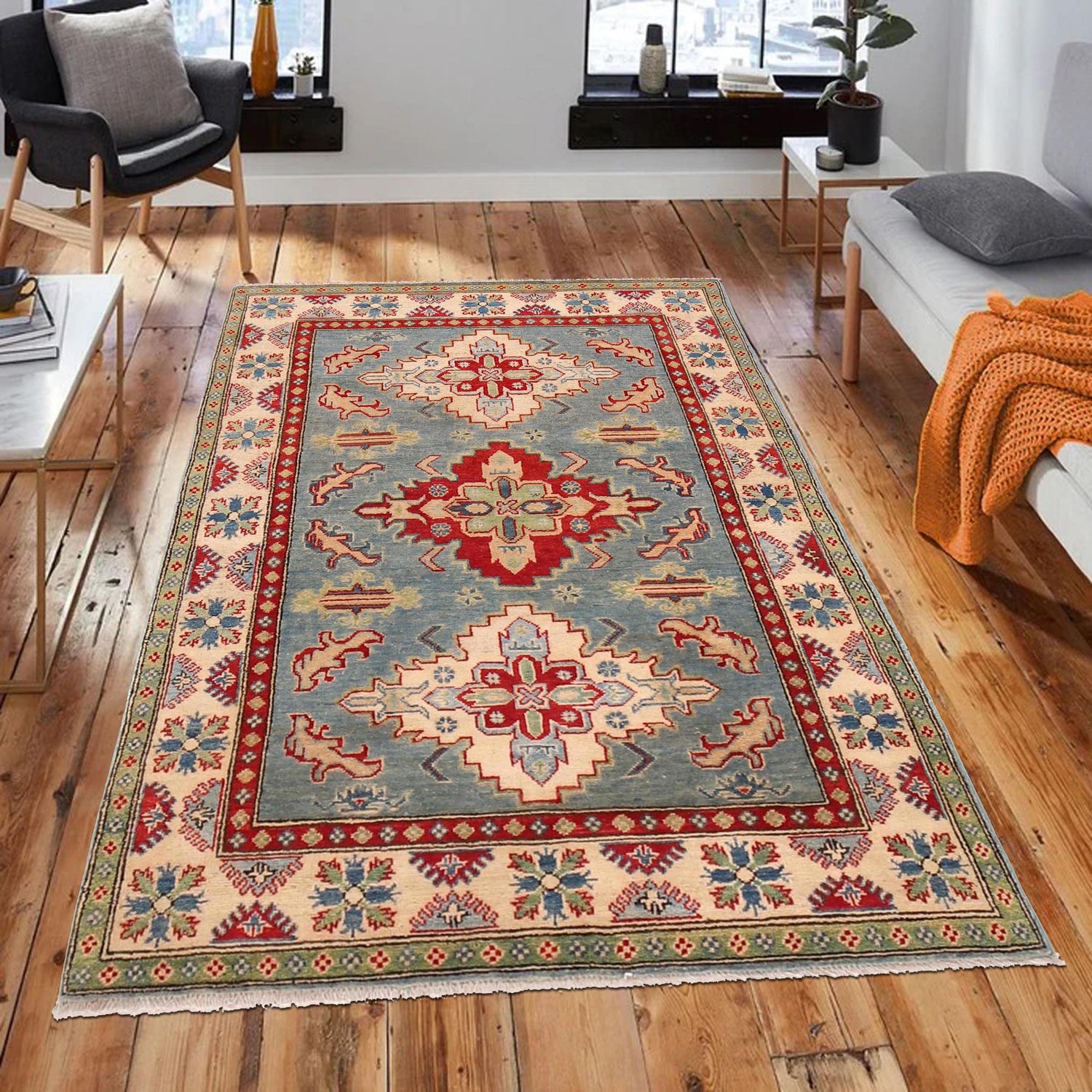 Hand Knotted Kazak Rug 4' 0" x 5' 9" (ft) - No. B34608