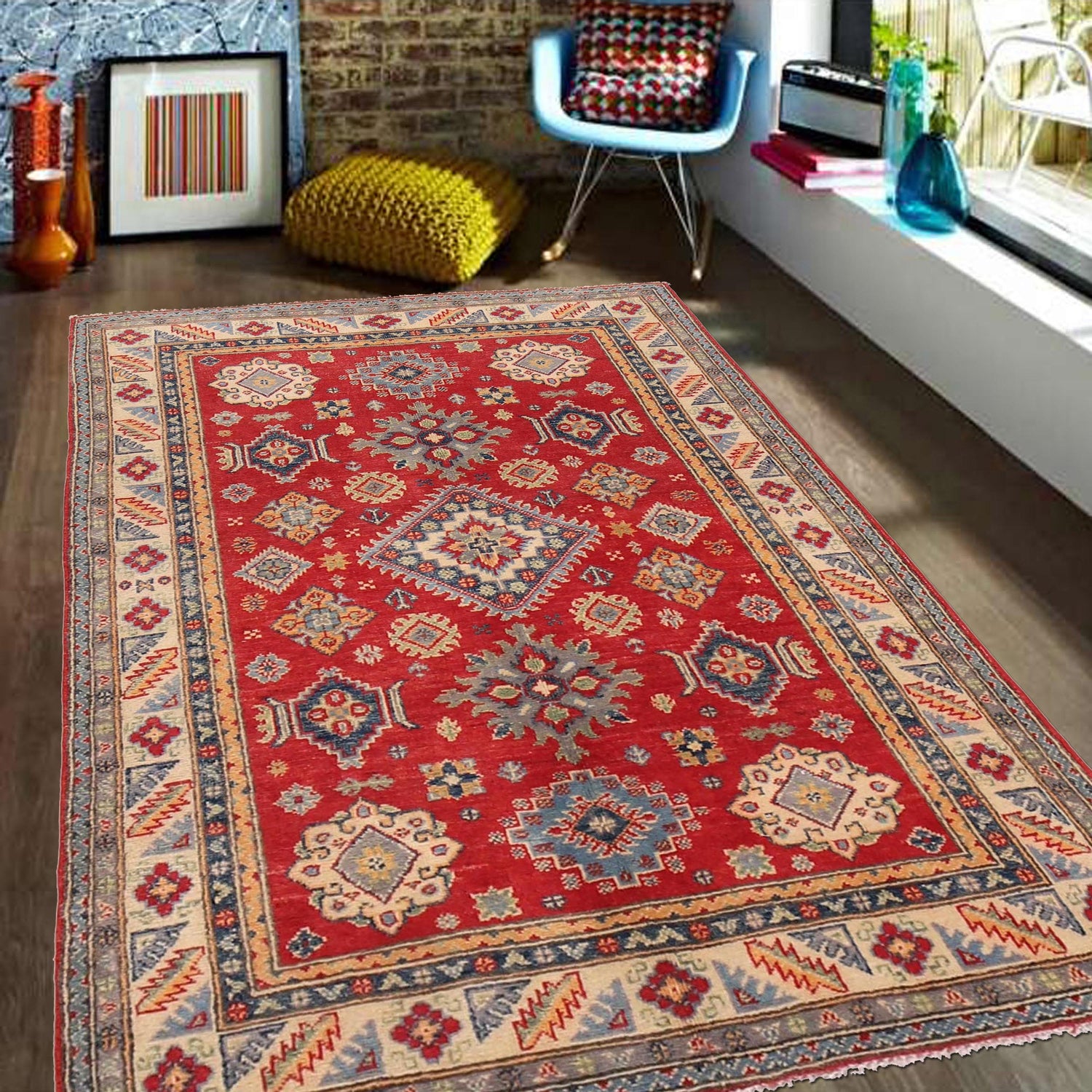 Red Color Kazak Rug 4' 0" x 5' 10" (ft) - No. B34616