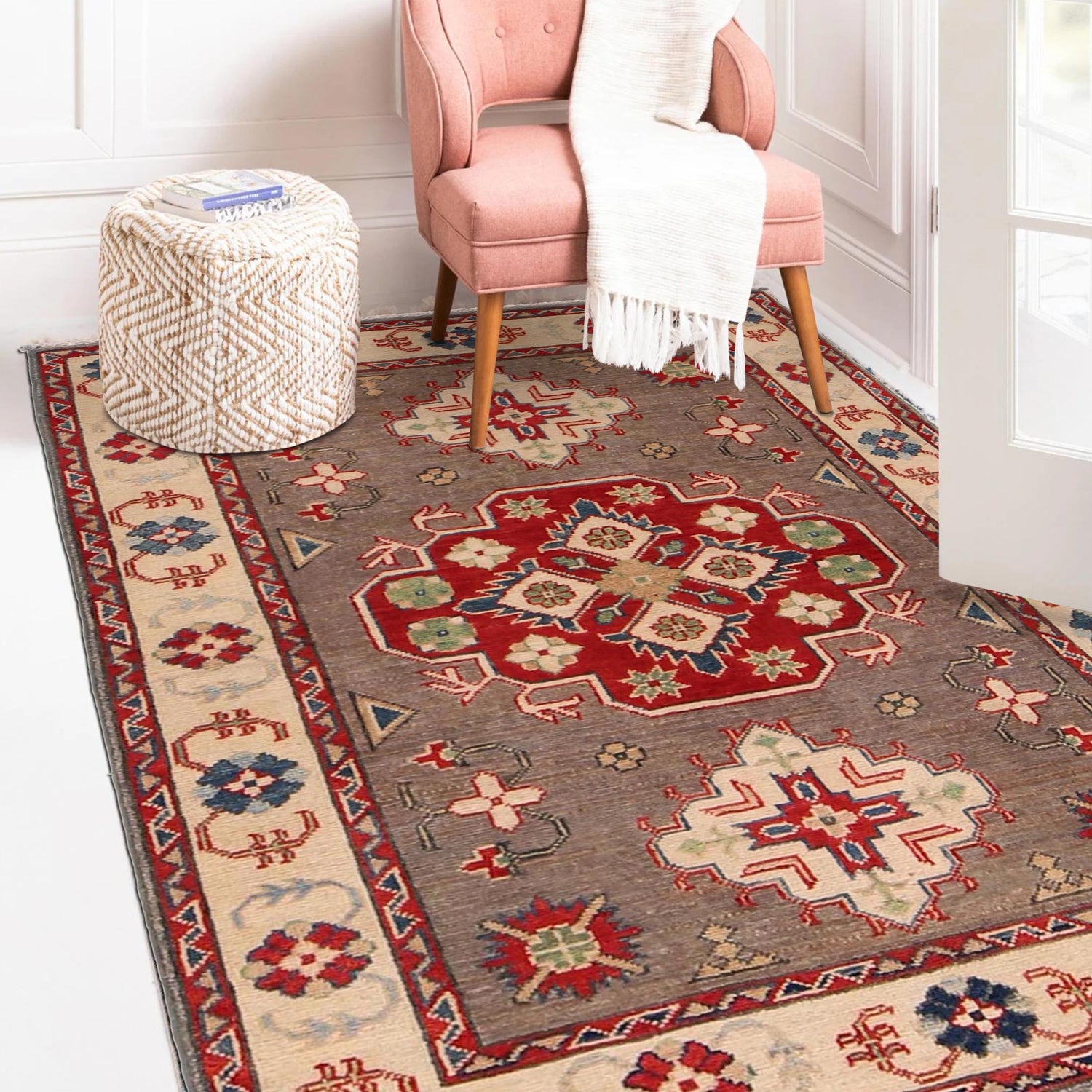 Oriental Kazak Rug  3' 4" x 4' 11" (ft)- No. B34619