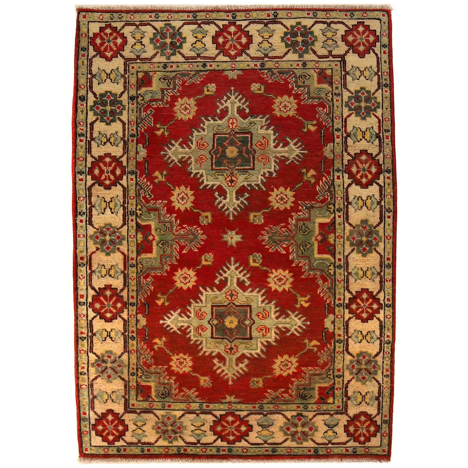 Red Color Kazak Rug 3' 5" x 4' 9" (ft)- No. B34677