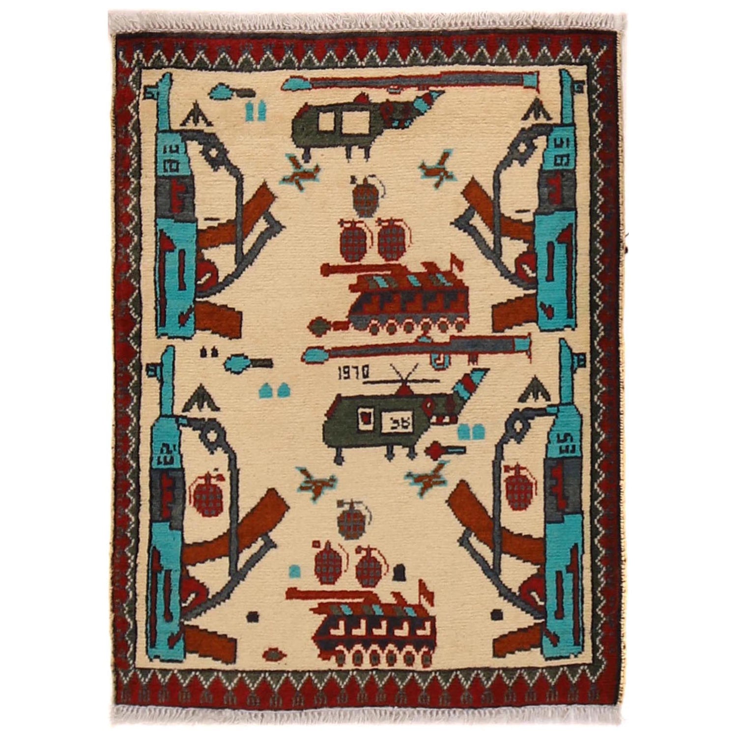 Hand Knotted War Rug 2' 2" x 2' 10" (ft) - No. G34432