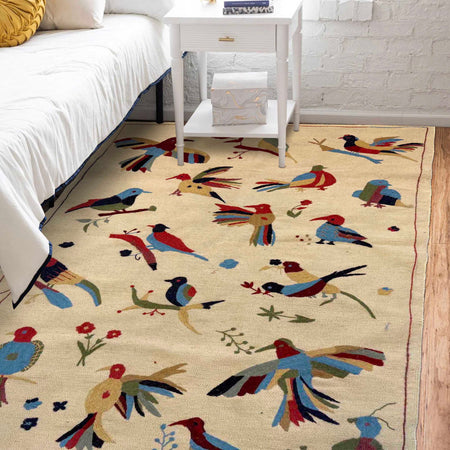 Ivory Color Embroidery Flatweave Kilim 4' 0" x 6' 0" (ft) - No. G36692