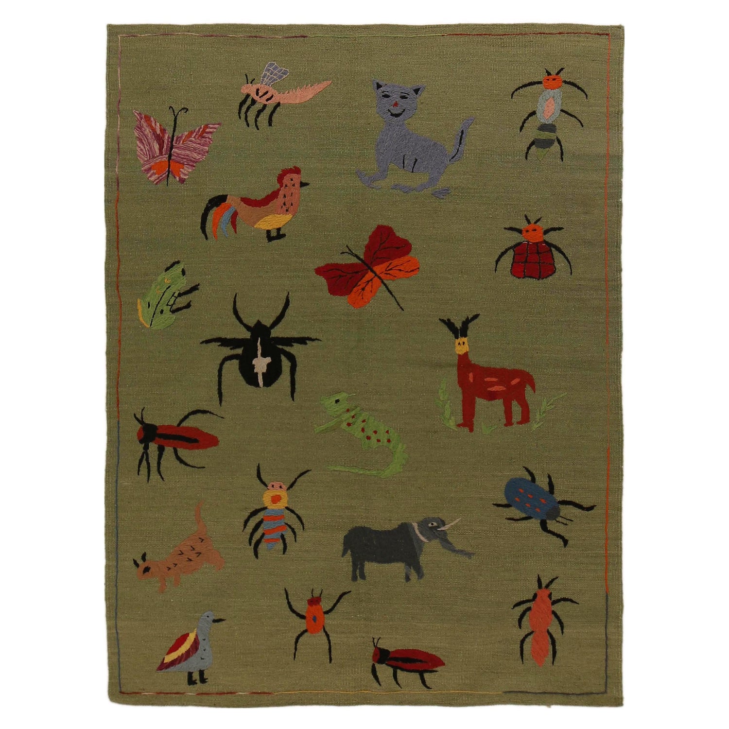 Green Color Embroidery Flatweave Kilim 4' 0" x 5' 10" (ft) - No. P34393