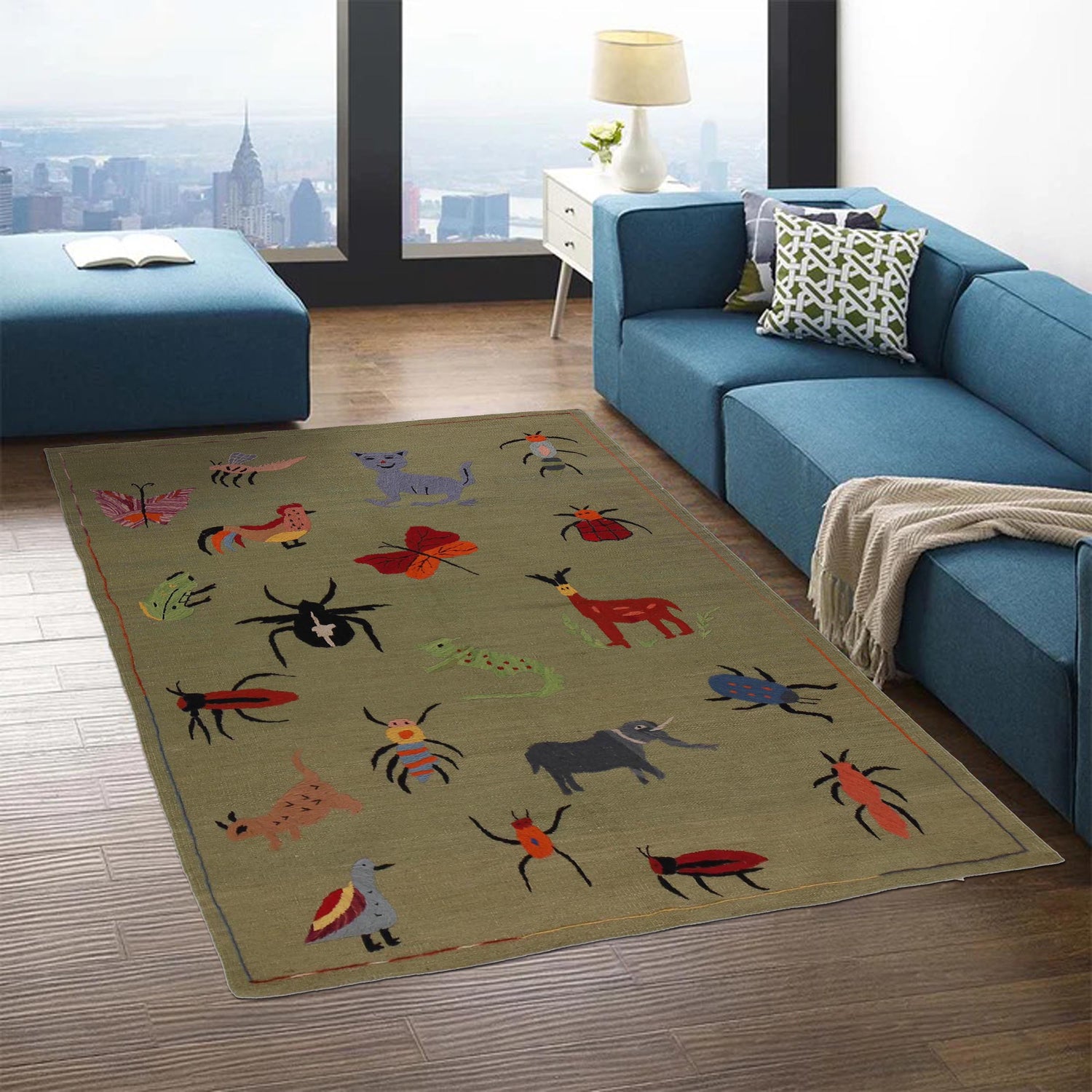 Green Color Embroidery Flatweave Kilim 4' 0" x 5' 10" (ft) - No. P34393