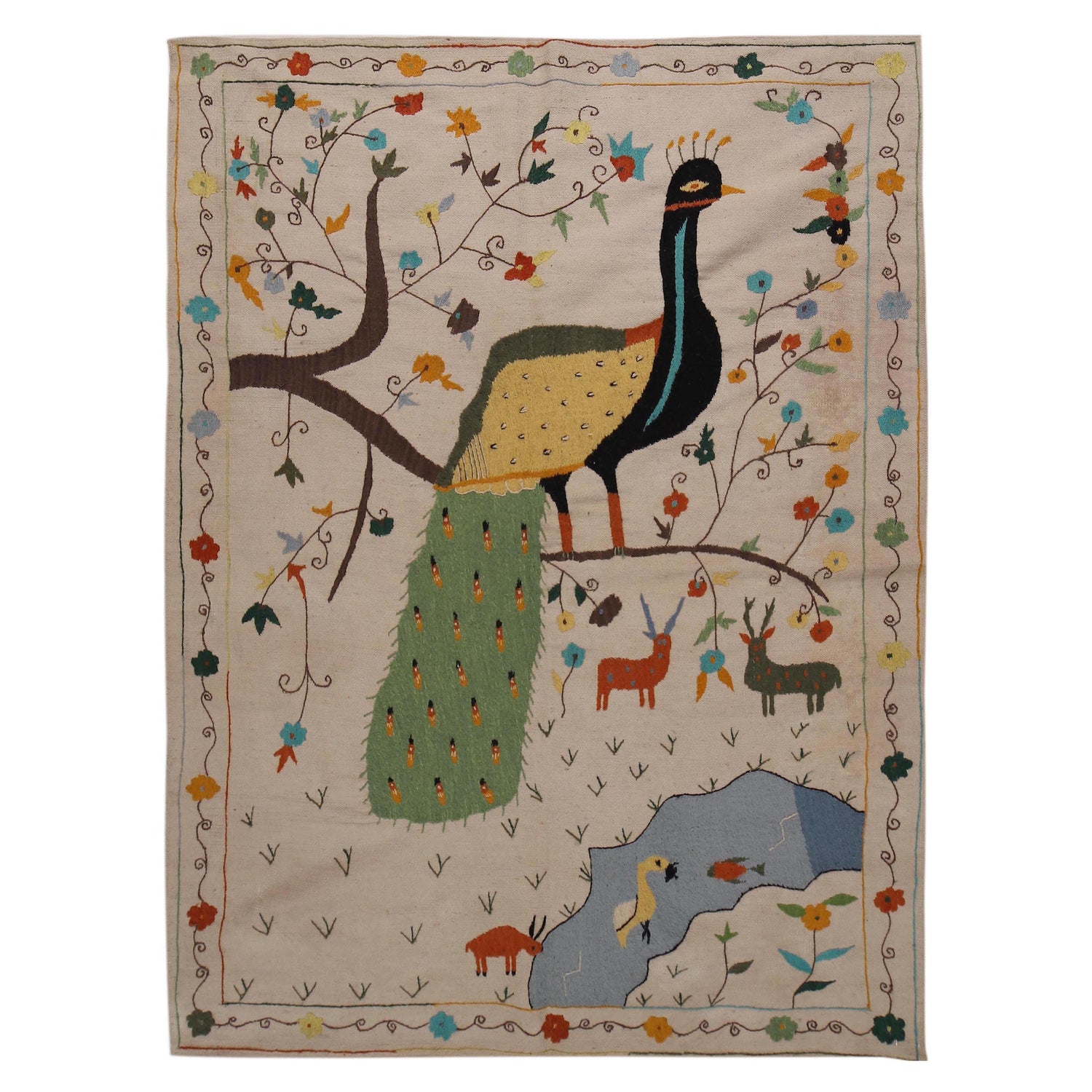 Ivory Color Embroidery Flatweave Kilim 5' 5" x 7' 8" (ft) - No. P34395