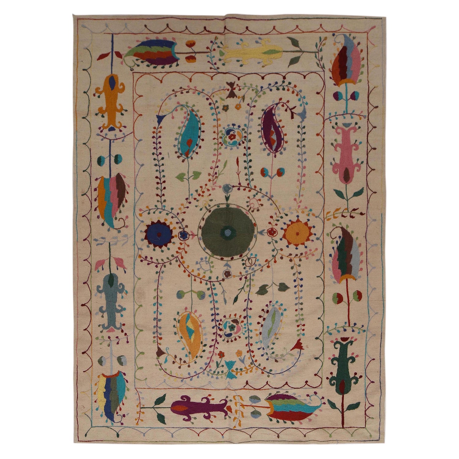 Ivory Color Embroidery Flatweave Kelim 5' 5" x 7' 10" (ft) - No. P34396