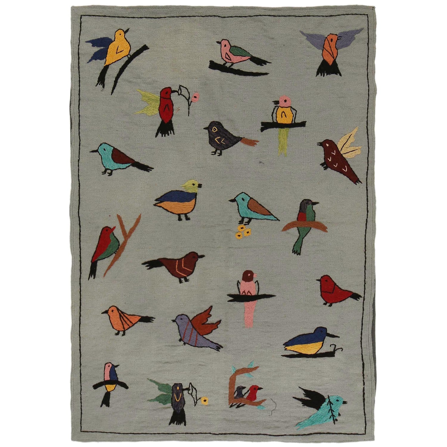 Grey Color Embroidery Flatweave Kilim 3' 11" x 5' 9" (ft) - No. P35166