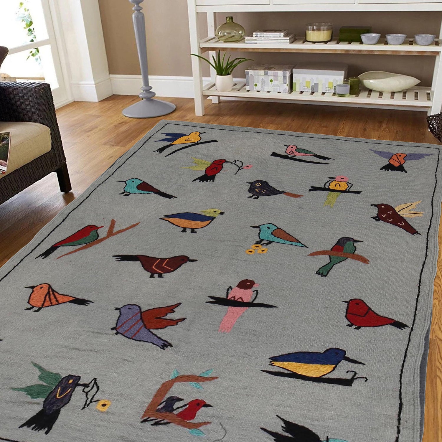 Grey Color Embroidery Flatweave Kilim 3' 11" x 5' 9" (ft) - No. P35166