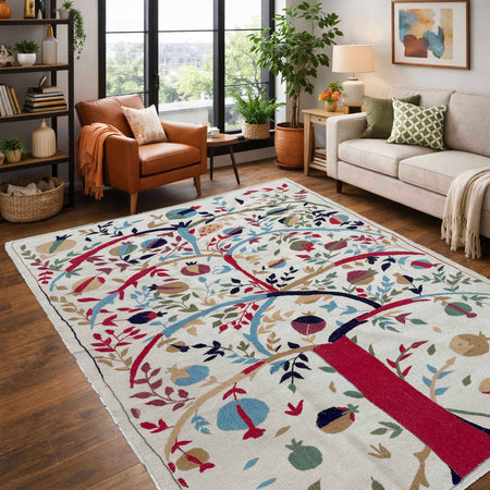 Ivory Color Embroidery Flatweave Kilim 3' 11" x 6' 3" (ft) - No. P36724