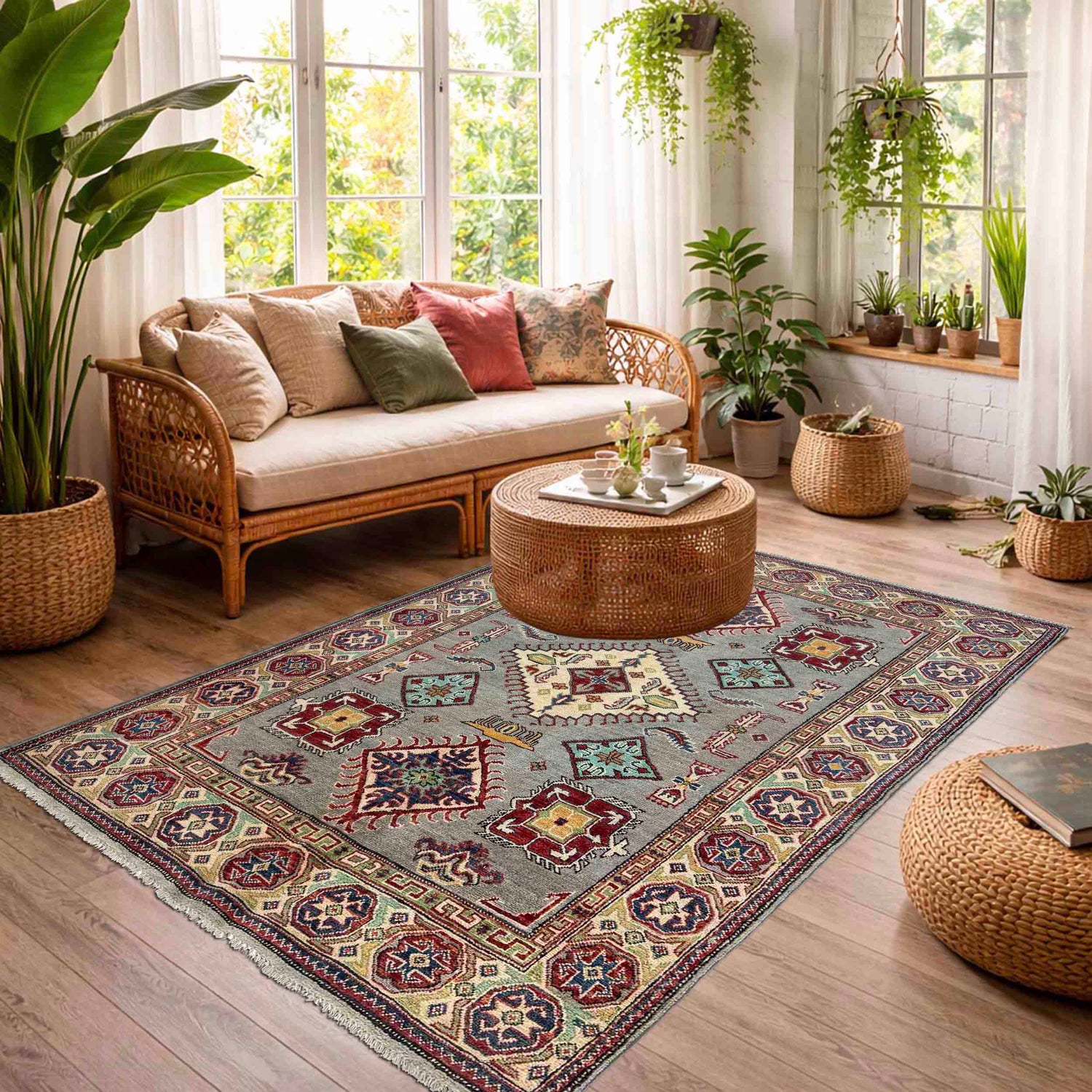Grey Color Kazak Rug 4' 8" x 6' 5" (ft) - No. R37385