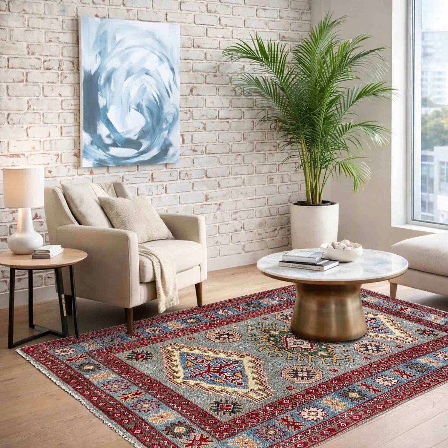Hand Knotted Kazak Rug 3' 3" x 4' 9" (ft)- No. R37503