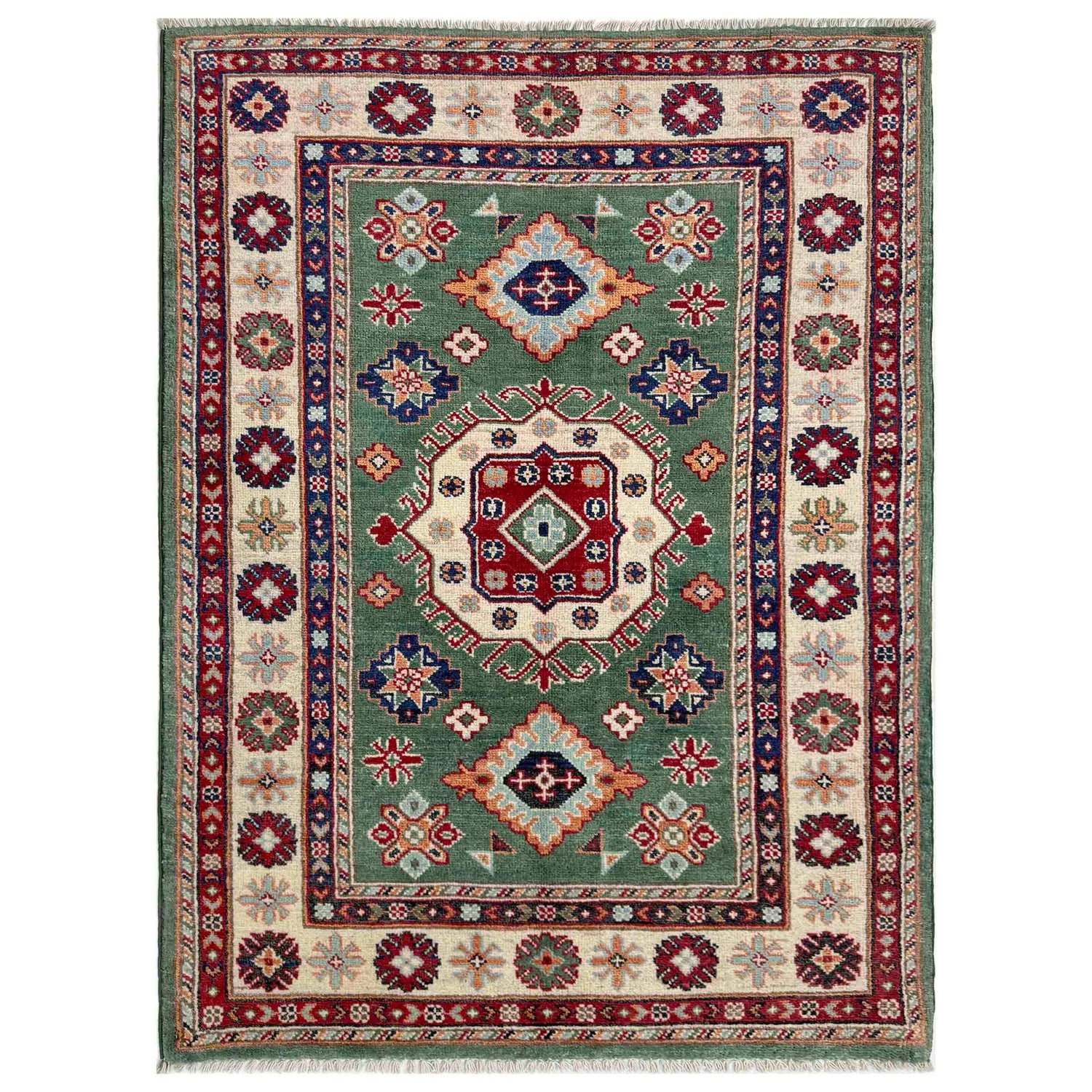 Green Color Kazak Rug 3' 2" x 4' 9" (ft)- No. R37516