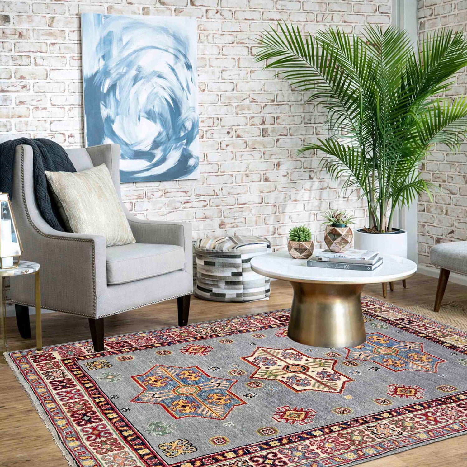 Hand Knotted Kazak Rug 3' 4" x 4' 11" (ft)- No. R37525