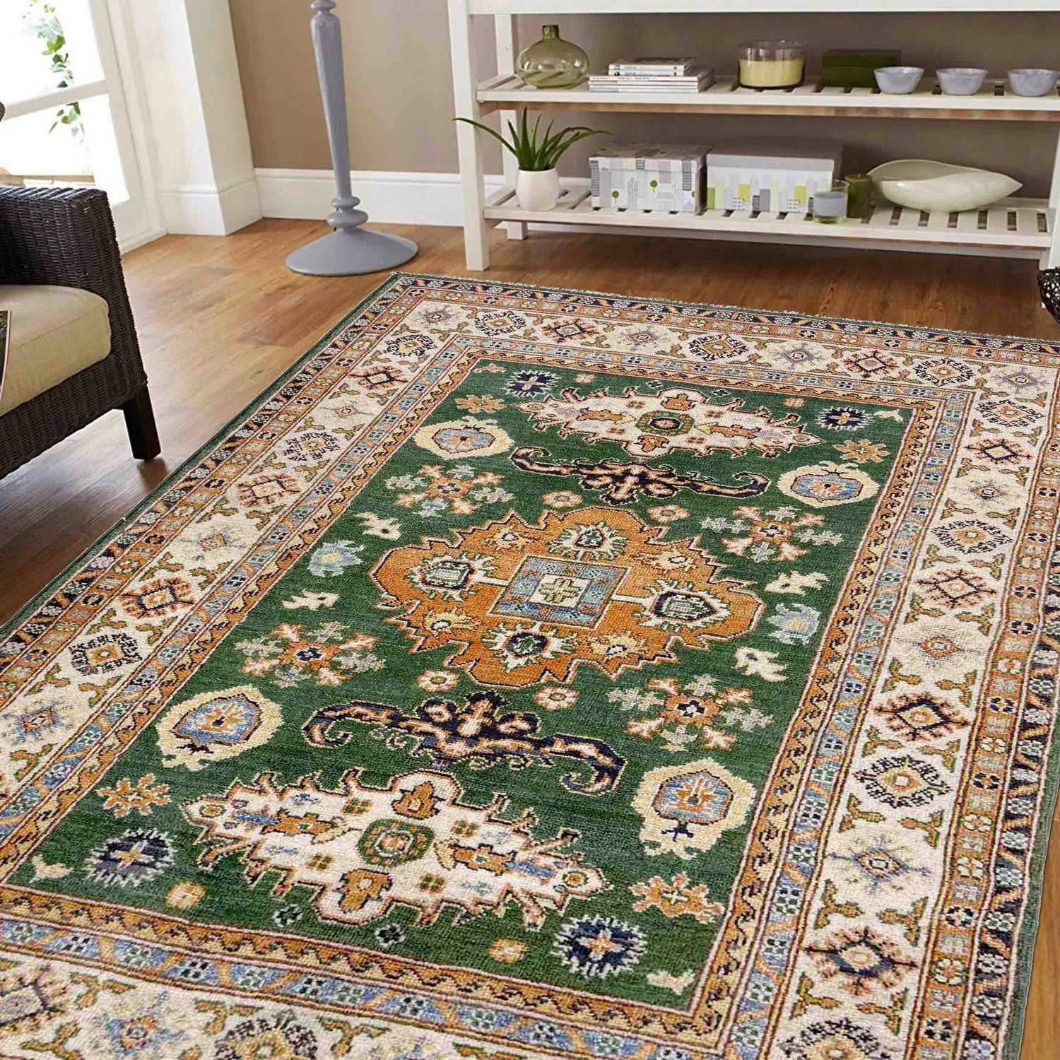 Green Color Kazak Rug 4' 0" x 5' 6" (ft) - No. R37633
