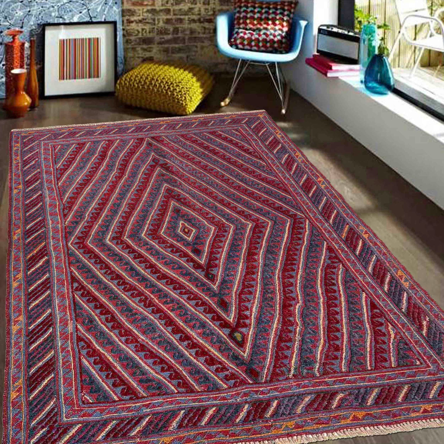 Red Color Mashwani Rug 4' 8" x 5' 10" (ft) - No. R39733