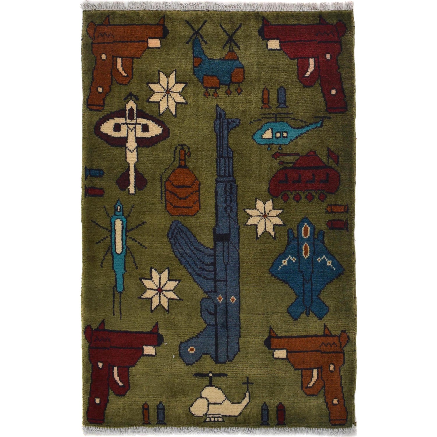 Green Color War Rug 2' 0" x 2' 11" (ft) - No. W30699