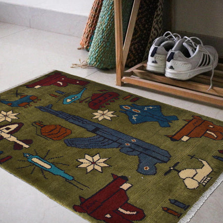 Green Color War Rug 2' 0" x 2' 11" (ft) - No. W30699