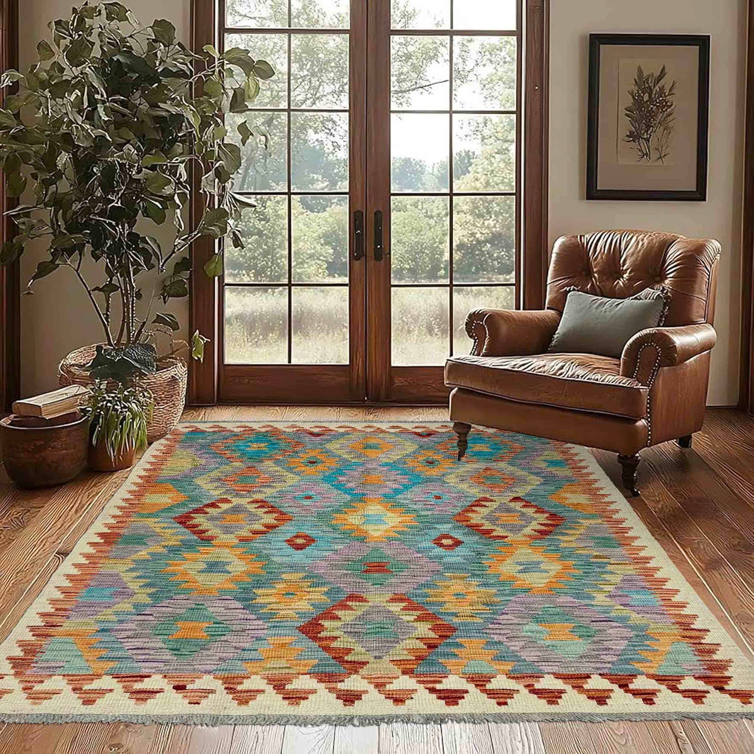 Handmade Vegetable Kilim 4' 0" x 5' 11" (ft) - No. Y39323
