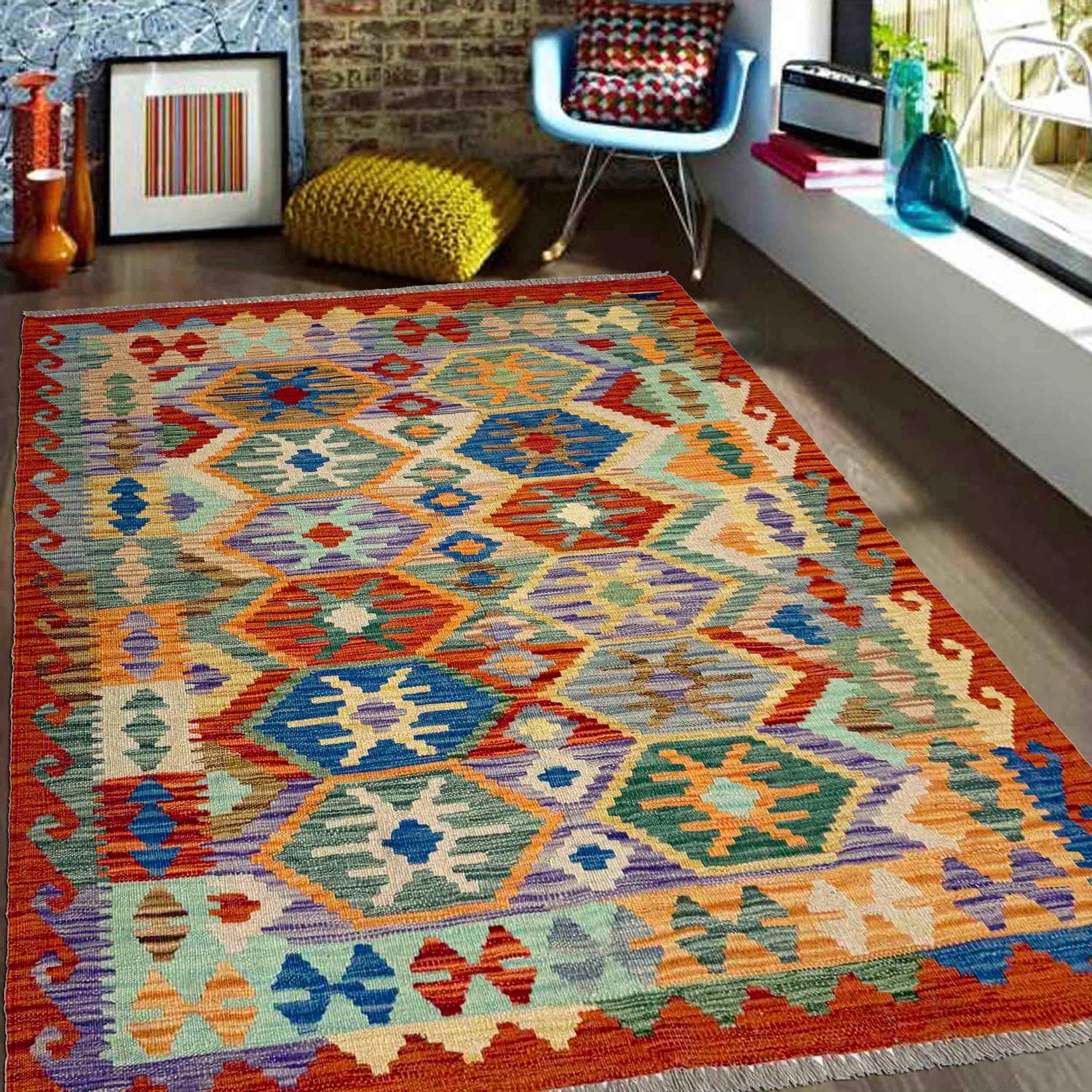 Handmade Vegetable Kilim 4' 1" x 5' 6" (ft) - No. Y39497