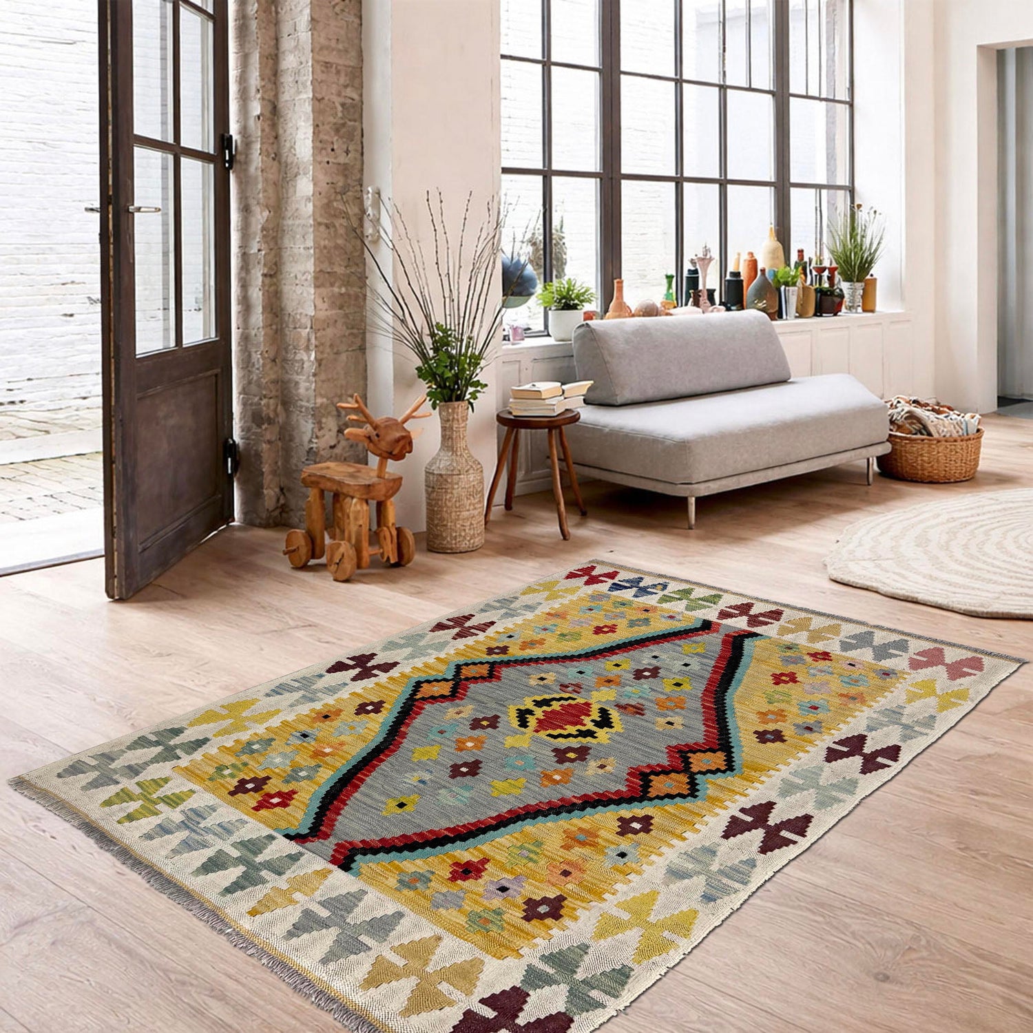 Handmade Vegetable Kelim 3' 5" x 4' 9" (ft) - No. Y39674