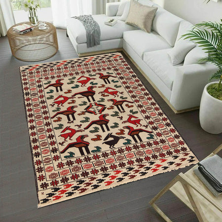 White Sumak Kilim 4' 5 x 5' 6 (ft) - No. B21967