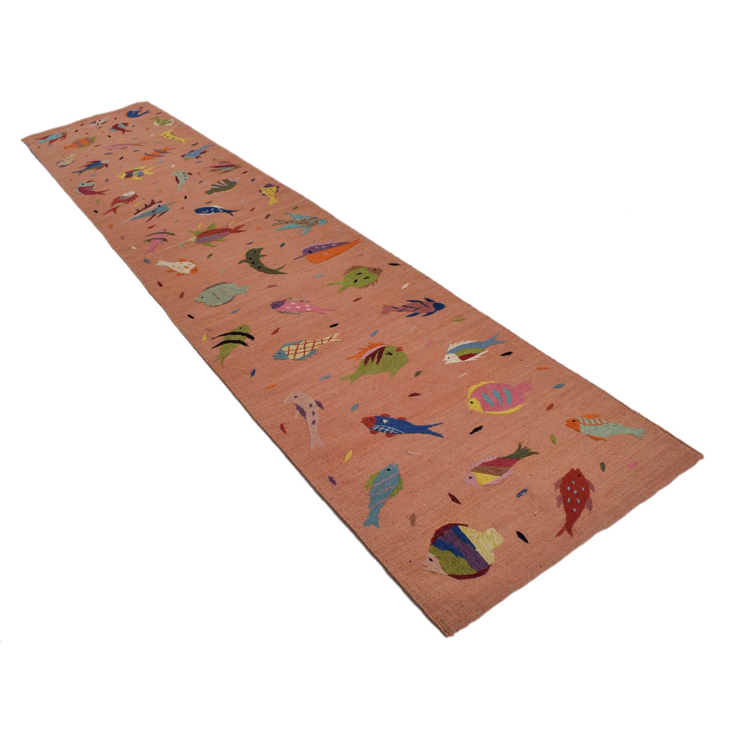 Terracotta Color Embroidery Flatweave Kilim 2' 8" x 12' 10" (ft)- No. B32076