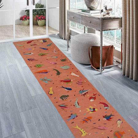 Terracotta Color Embroidery Flatweave Kilim 2' 8" x 12' 10" (ft)- No. B32076