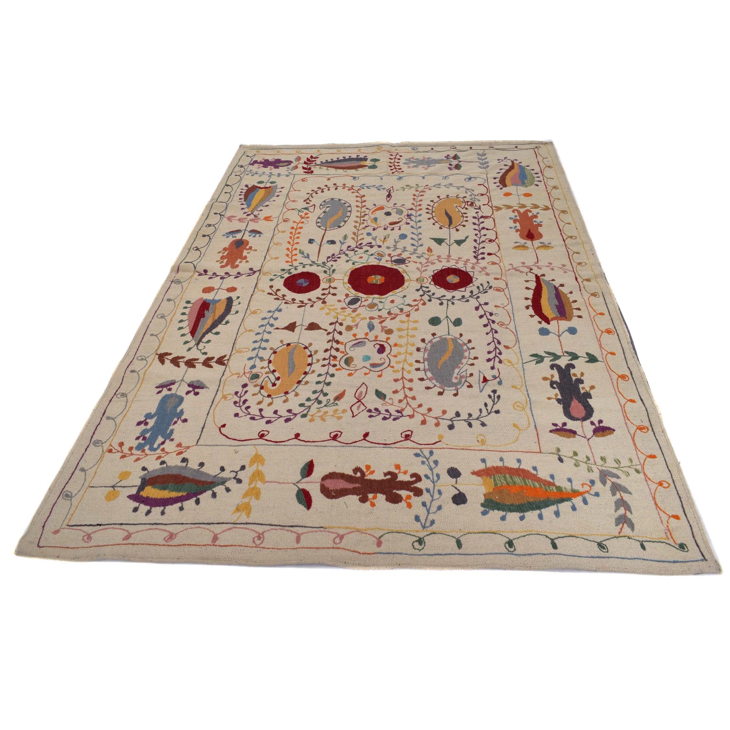 Beige Color Embroidery Flatweave Kilim 5' 3" x 7' 10" (ft) - No. B32080