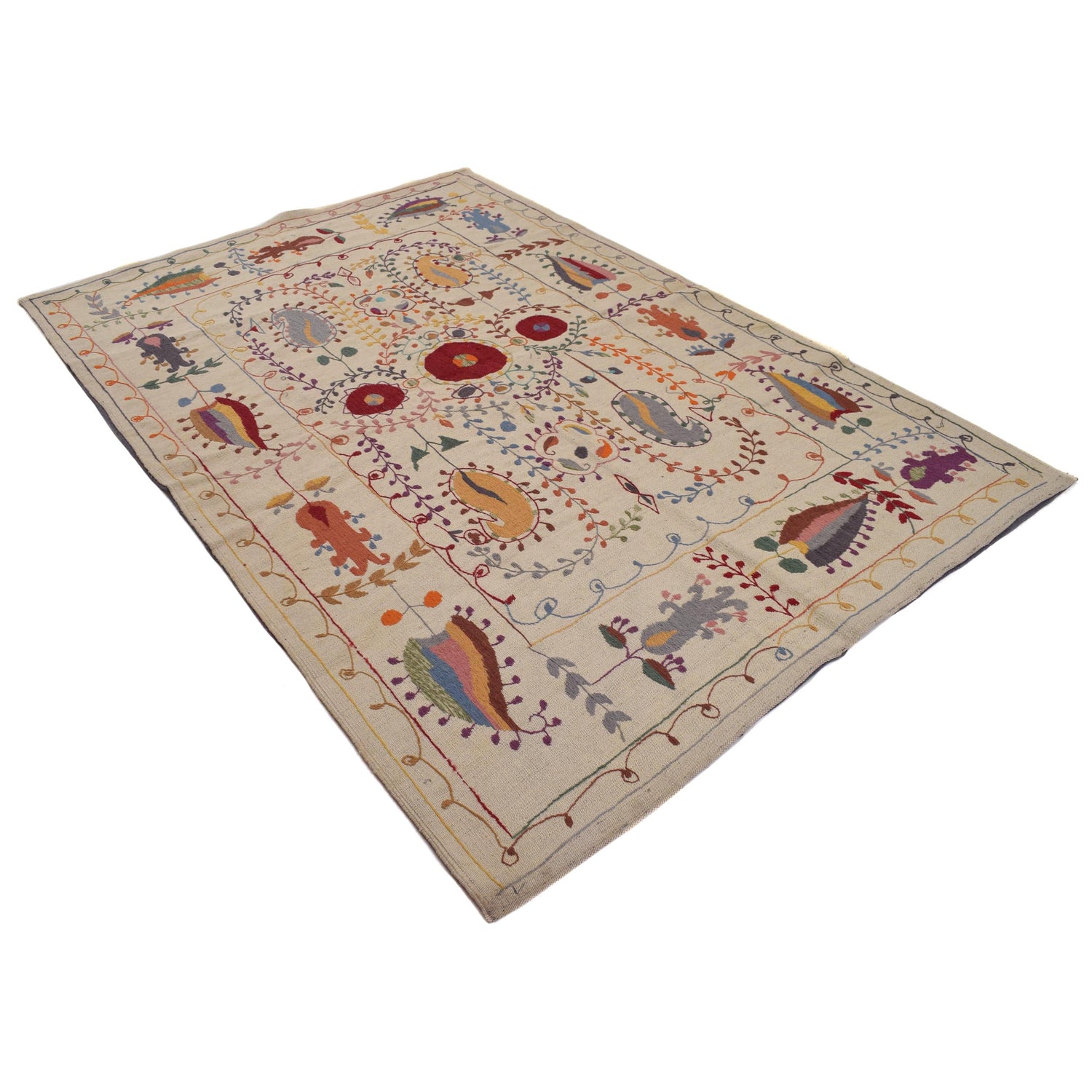 Beige Color Embroidery Flatweave Kilim 5' 3" x 7' 10" (ft) - No. B32080