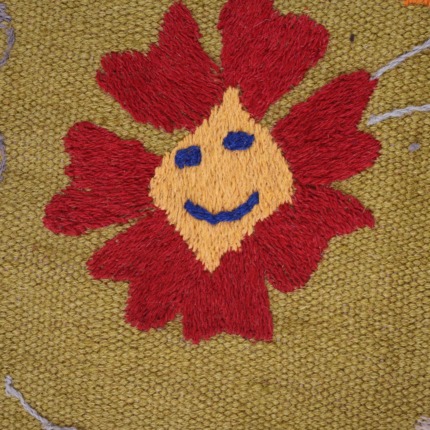 Green Color Embroidery Flatweave Kilim 4' 11" x 6' 8" (ft) - No. B32081