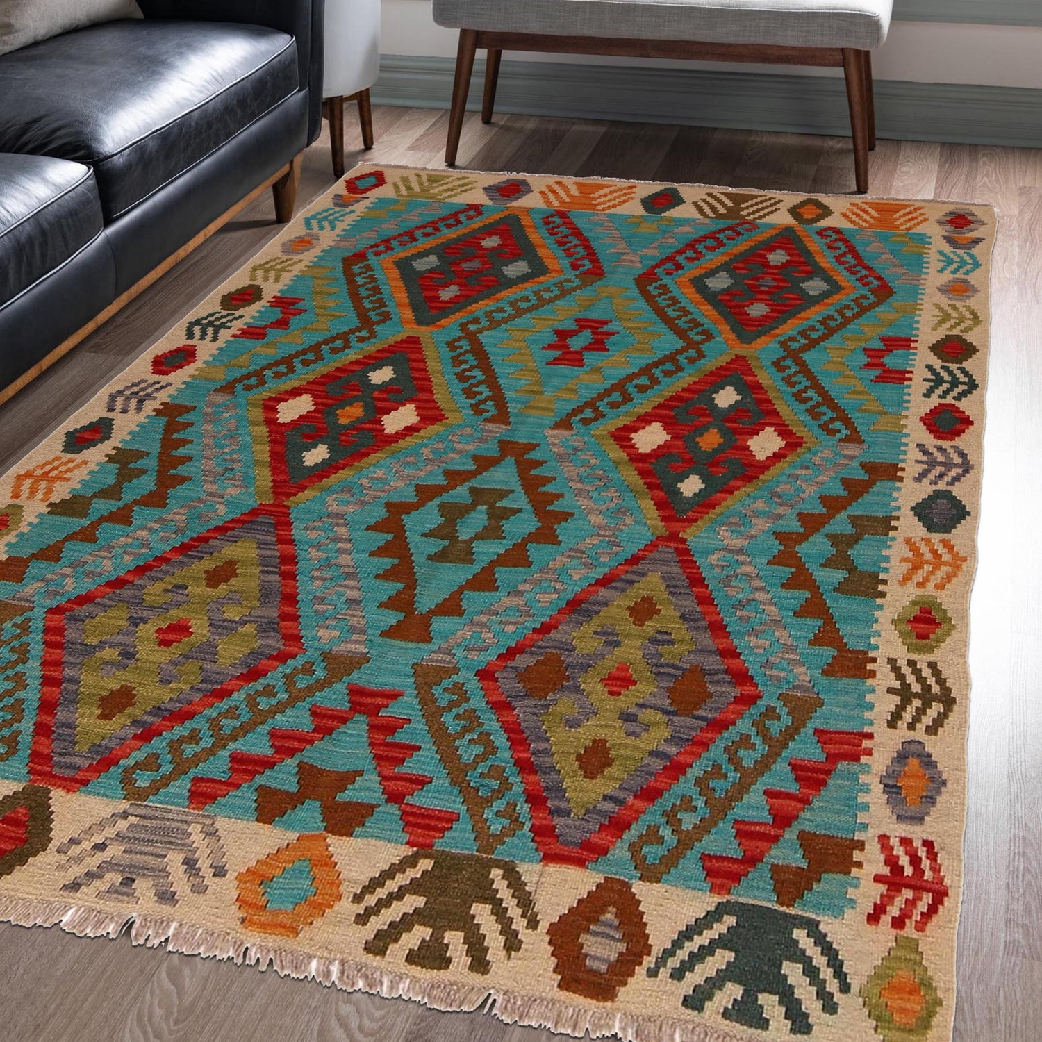 Handmade Vegetable Kilim 4' 5" x 5' 7" (ft) - No. B34707