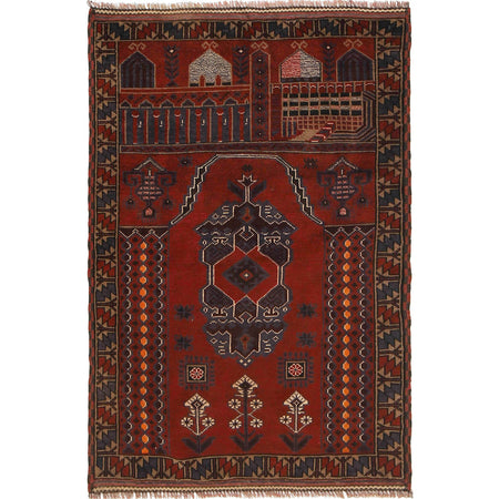 Red Color Prayer Rug 3' 5" x 5' 1" (ft) - No. G18461