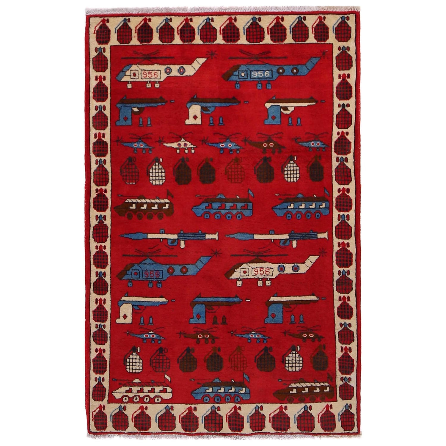 Red Color War Rug 3' 4" x 4' 10" (ft) - No. G32094