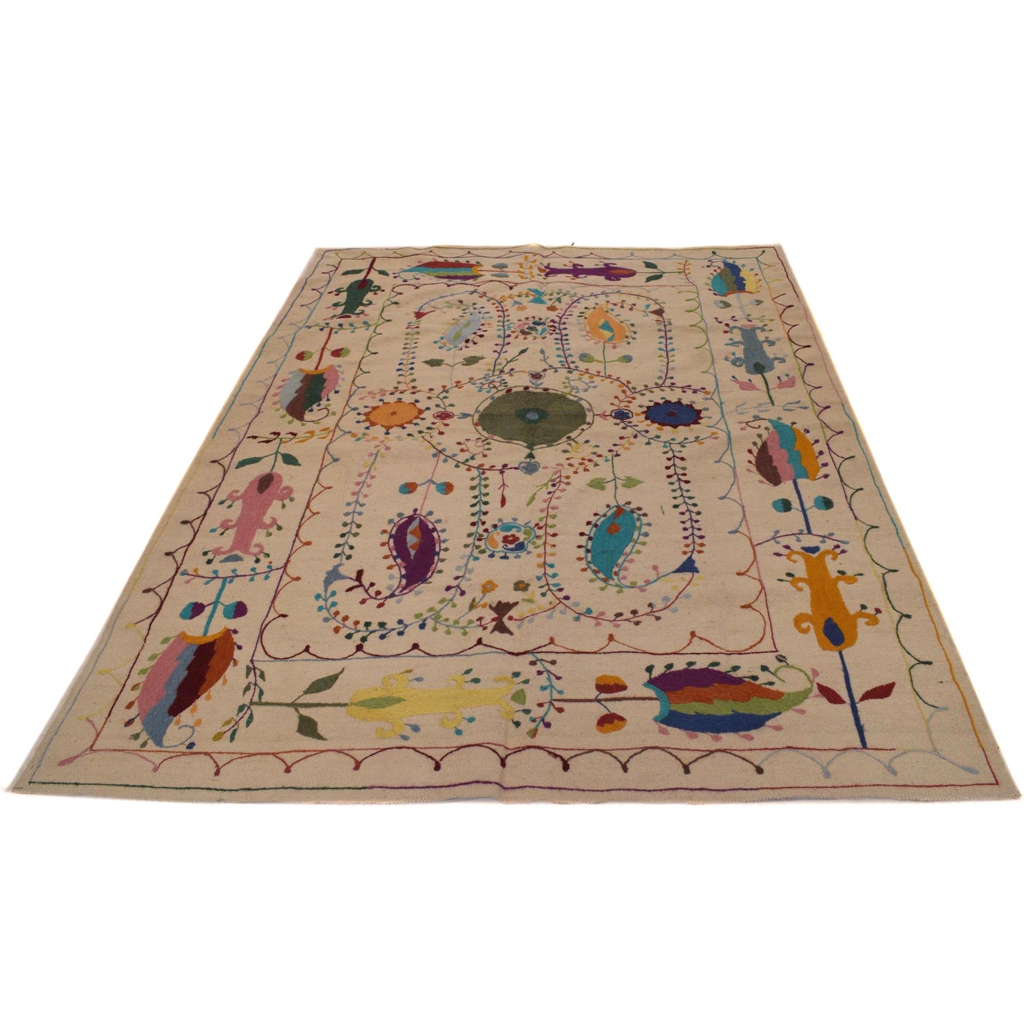 Ivory Color Embroidery Flatweave Kelim 5' 5" x 7' 10" (ft) - No. P34396