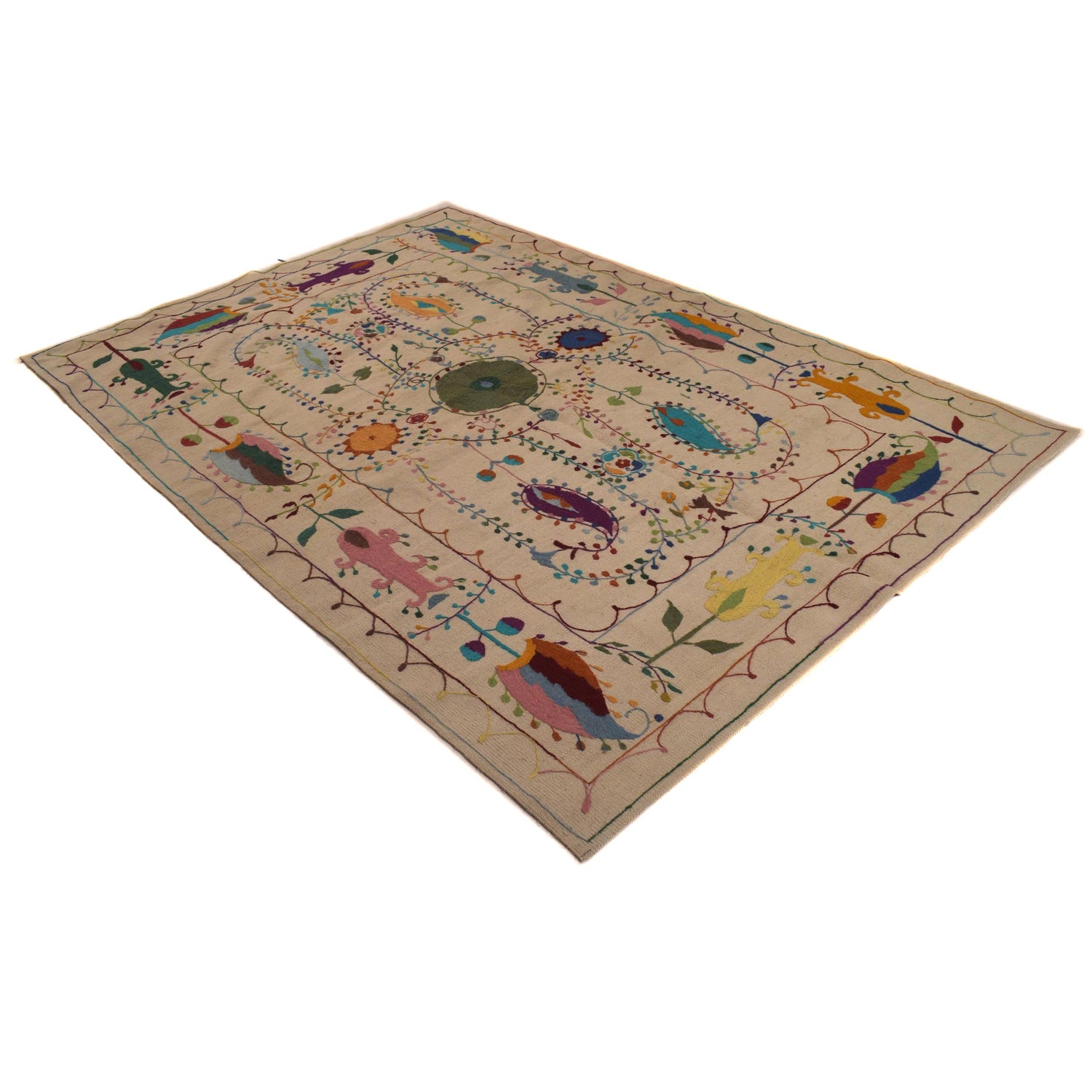 Ivory Color Embroidery Flatweave Kelim 5' 5" x 7' 10" (ft) - No. P34396