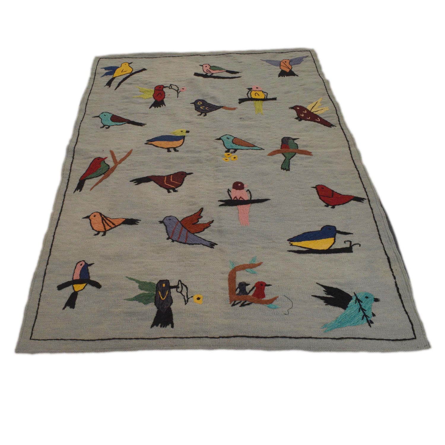 Grey Color Embroidery Flatweave Kilim 3' 11" x 5' 9" (ft) - No. P35166