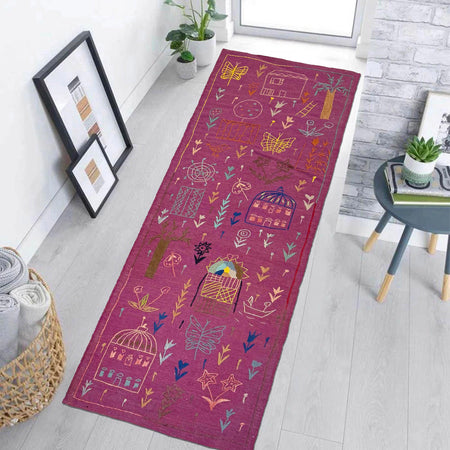 Purple Color Embroidery Flatweave Kilim 2' 7" x 7' 9" (ft)- No. P36544