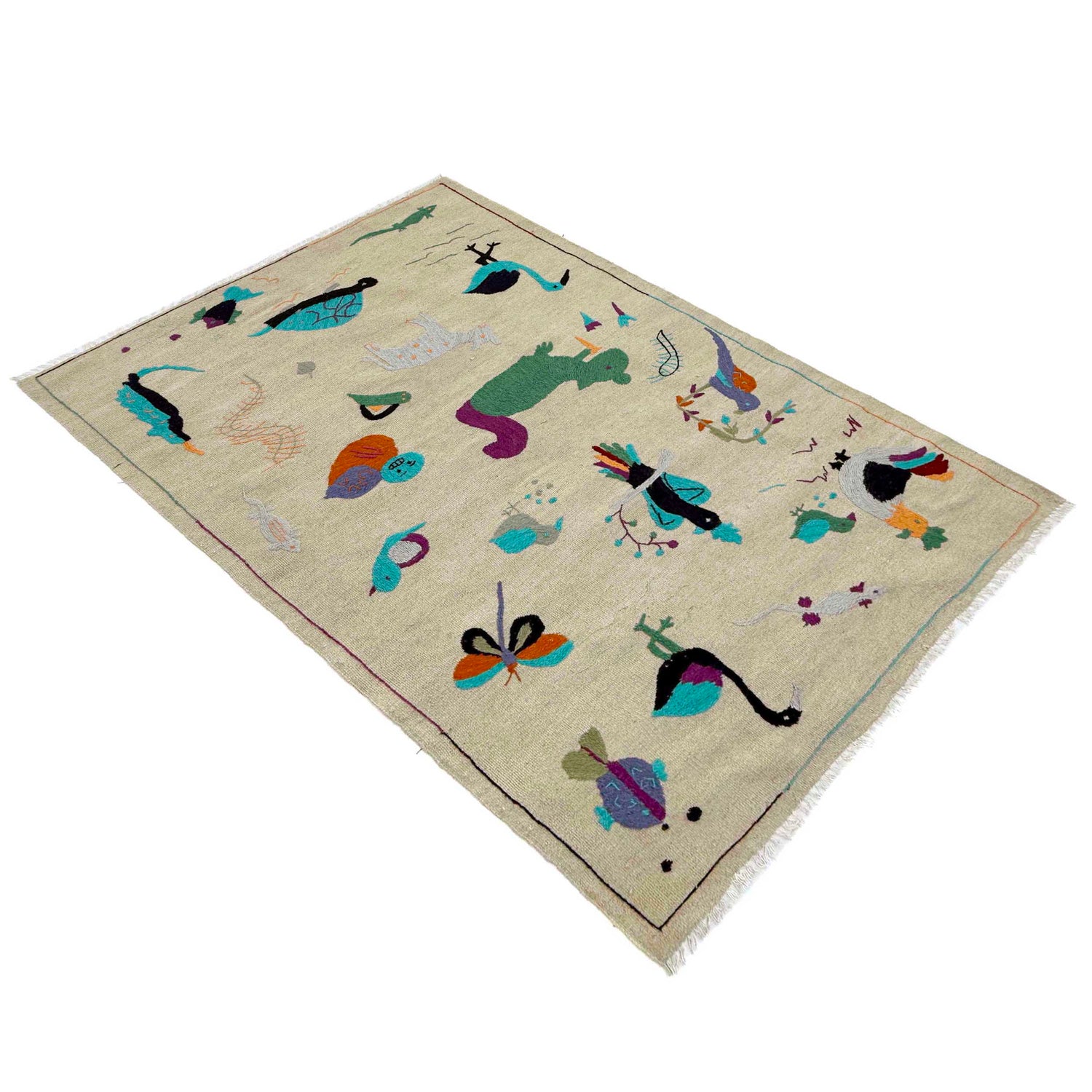 Ivory Color Embroidery Flatweave Kilim 3' 8" x 6' 3" (ft) - No. P36865