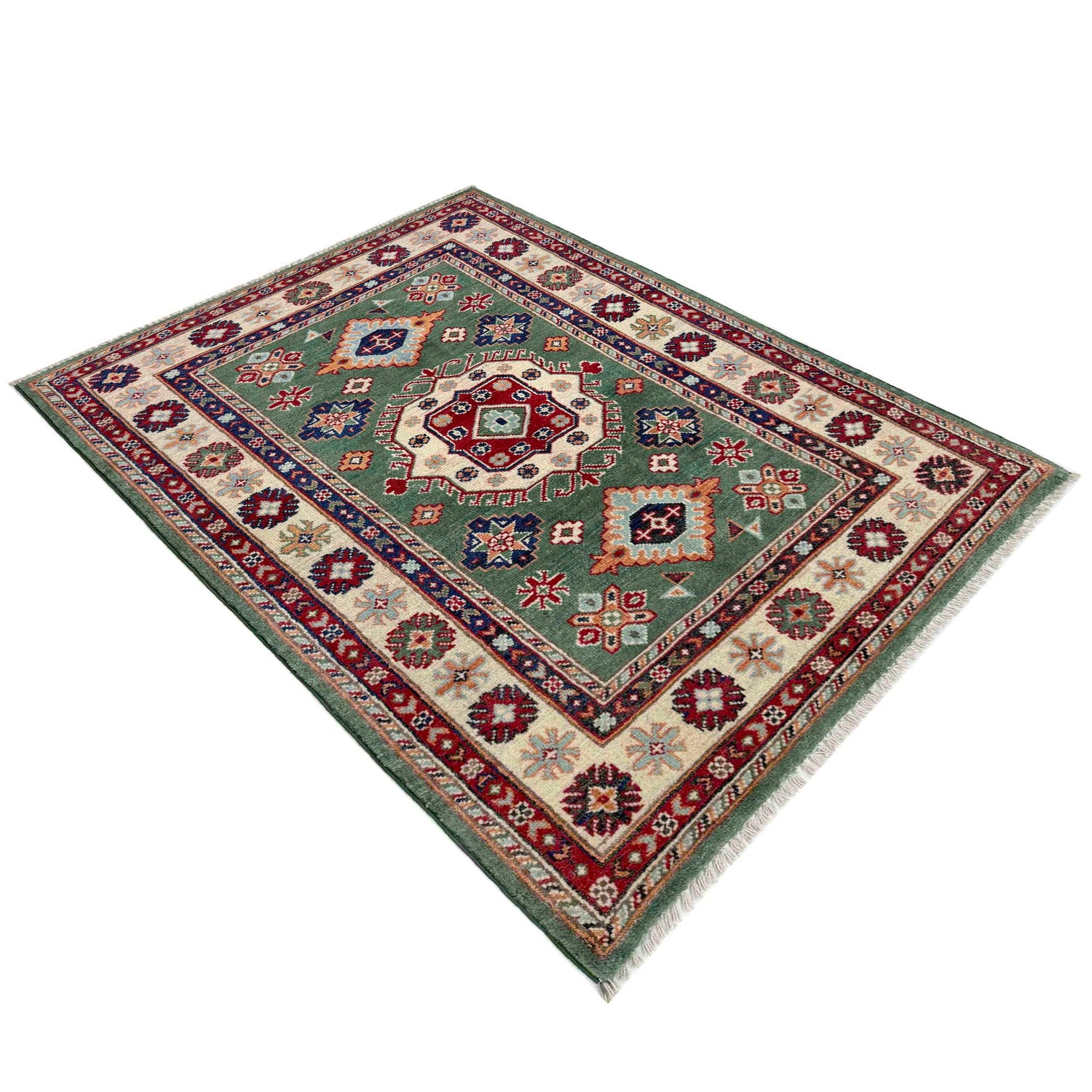 Green Color Kazak Rug 3' 2" x 4' 9" (ft)- No. R37516