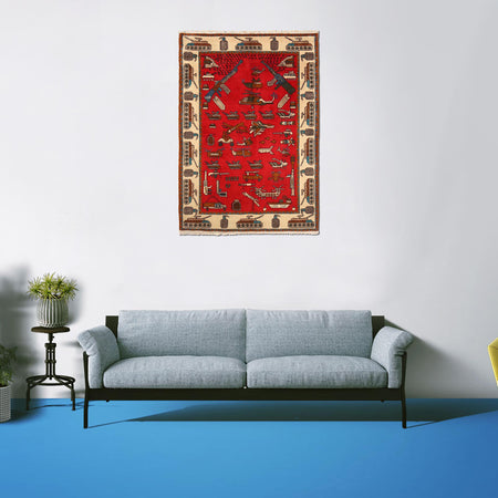 Red Color War Rug 3' 5" x 4' 11" (ft) - No. W31086