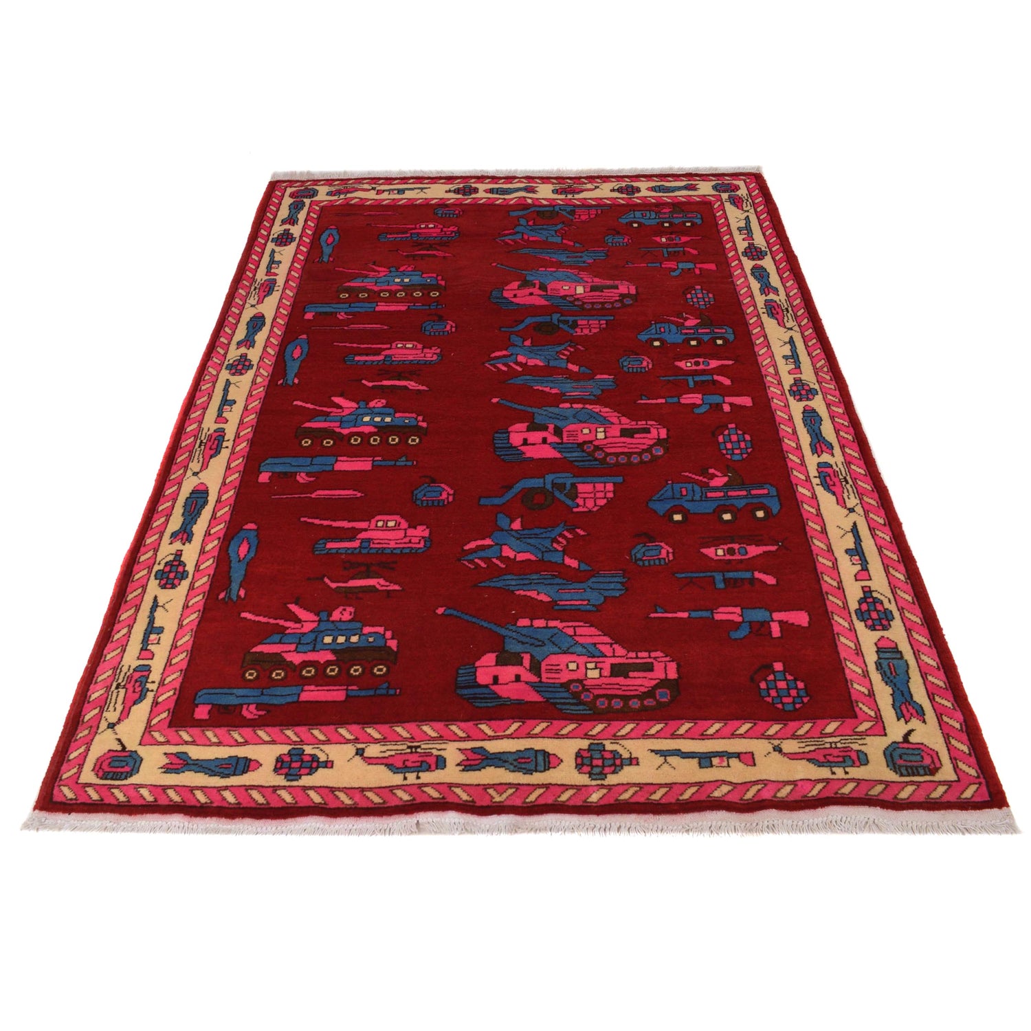 Dark Red Color War Rug 4' 2" x 6' 2" (ft) - No. W34101