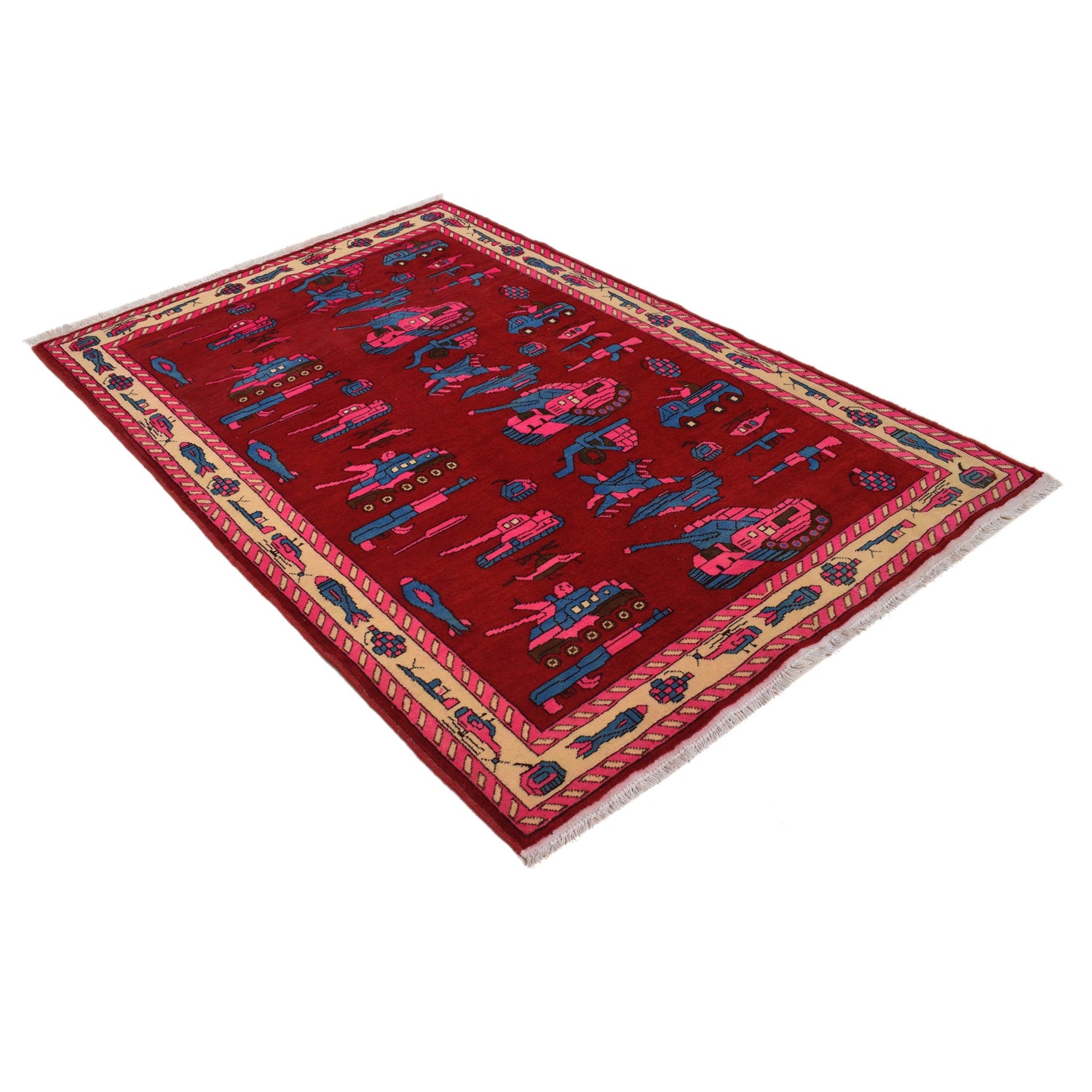 Dark Red Color War Rug 4' 2" x 6' 2" (ft) - No. W34101