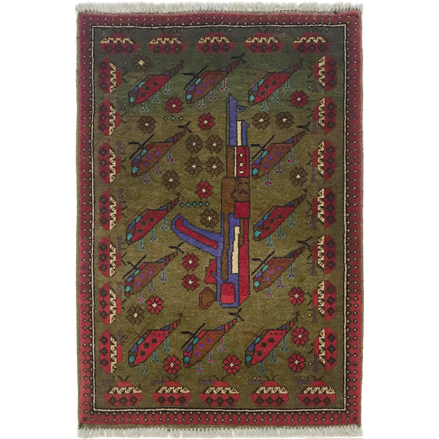 Green Color War Rug 2' 1" x 3' 2" (ft) - No. W35583