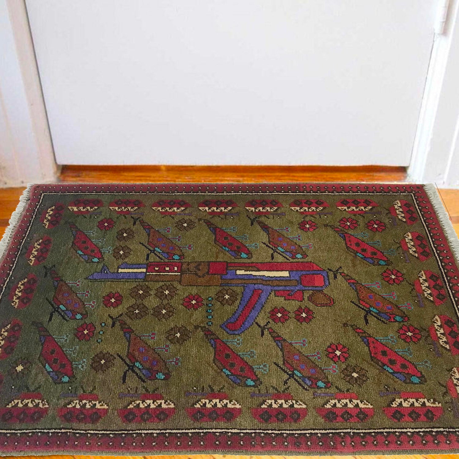 Green Color War Rug 2' 1" x 3' 2" (ft) - No. W35583