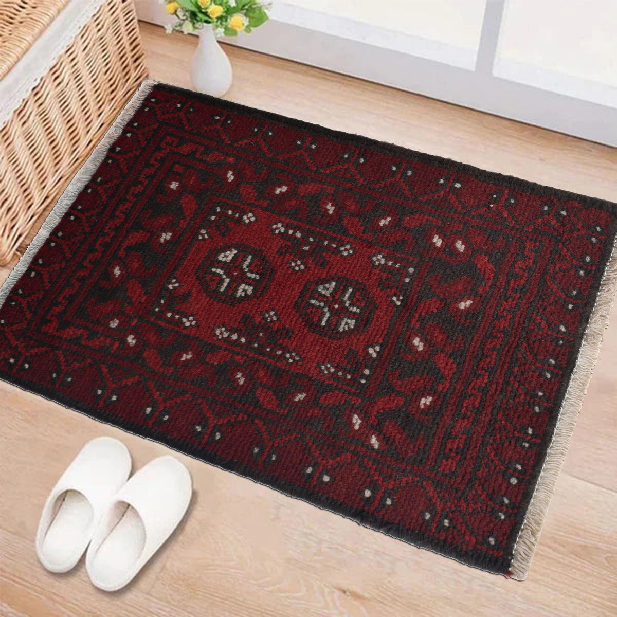 Hand Knotted Rectangular New Doormat Red Color Wool Rug