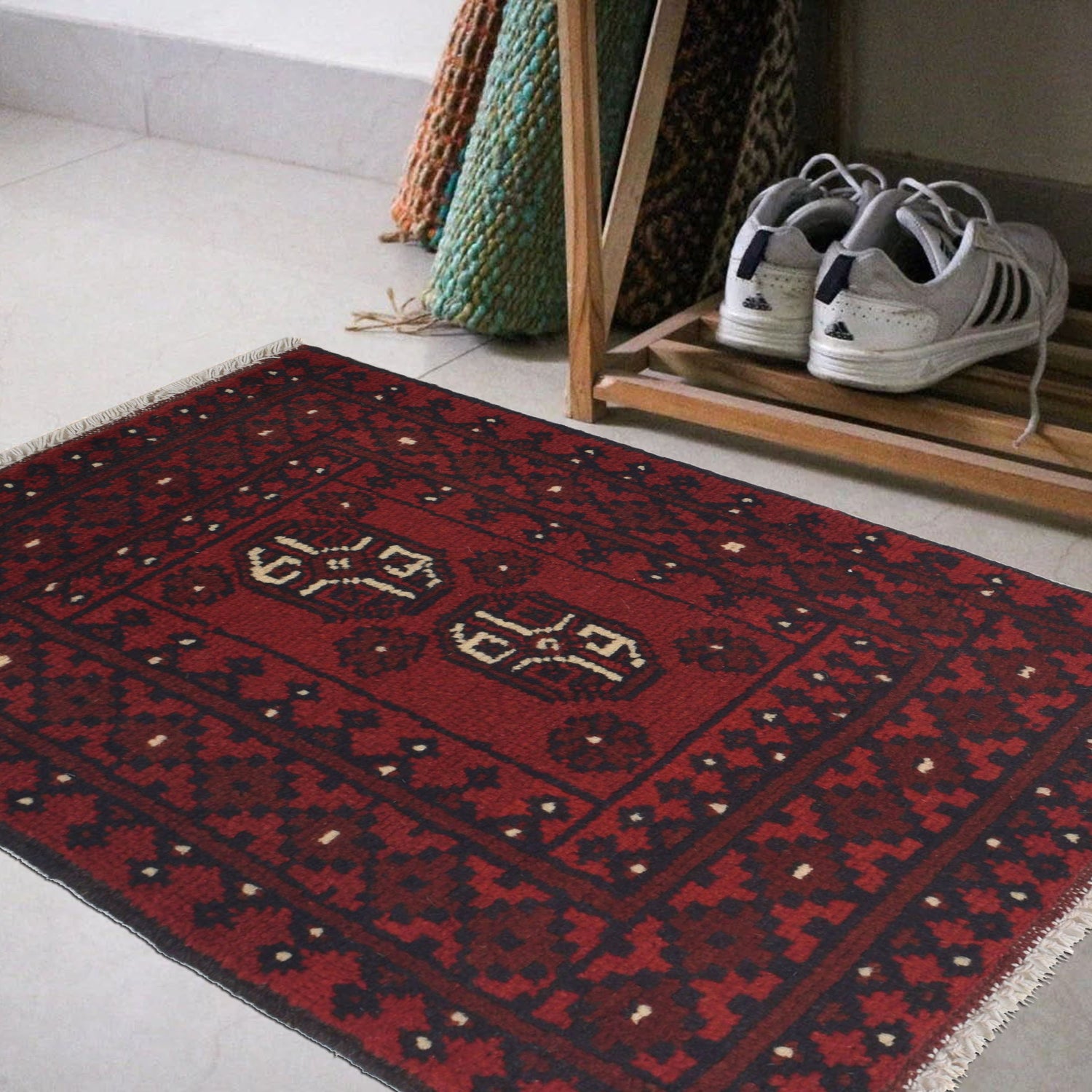 Red Rug Under Mat Handmade Traditional New Red Color Floor Mat Rug